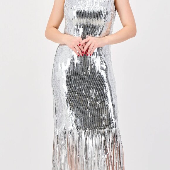Nanette Lepore Silver Sequin Fringe Midi Dress - Picture 1 of 9